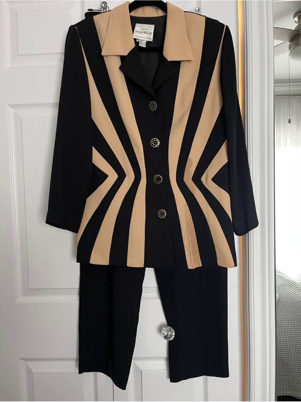 Joseph Ribkoff Black and Beige Geometric Blazer Suit